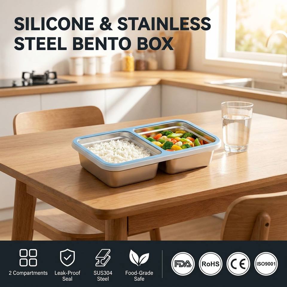 304 Stainless Steel 2 Compartments Leak Proof Bento Box Kids Metal Bento Lunch Box Containers Portable Lunch Box