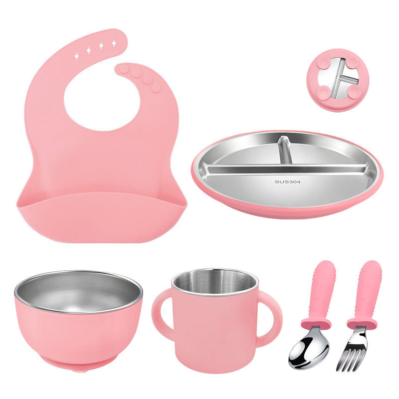 Custom Logo Kids Dining Toddler Removable Silicone Shell Baby Suction Divided Plates Stainless Steel Kids Plate