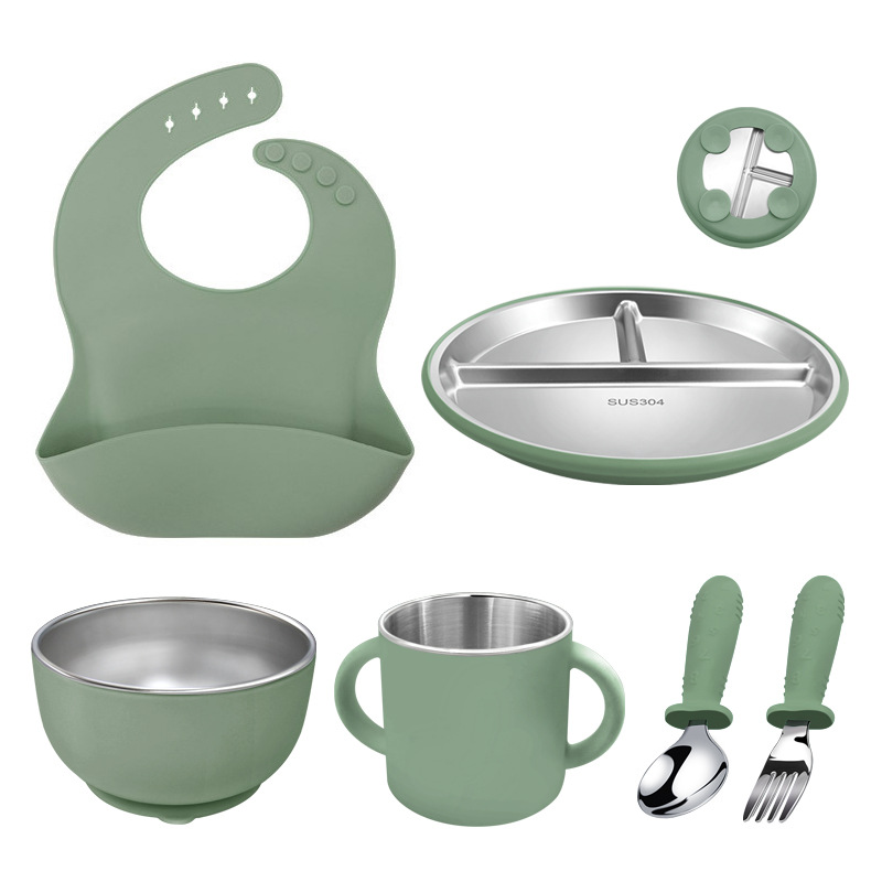 Wellfine Silicone Plate Baby Bpa Free Food Grade Divided Suction Dinner Kids Bowl 5pcs Feeding Stainless Steel Set