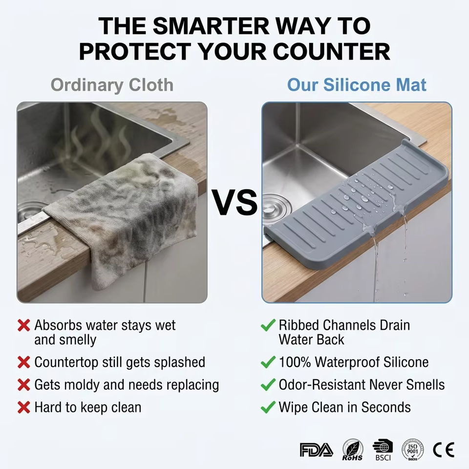 Wellfine Silicone Faucet Splash Guard Water Catcher Mat Sink Mat Tray Drying Mat Dish Sponge Holder Kitchen Sink Accessory