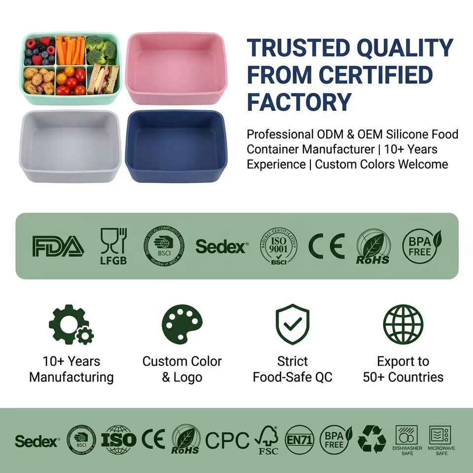 3 Cavity Silicone Bento case Leakproof Silicone Soft Snacks Food Grade Silicone Storage Box Bento Box