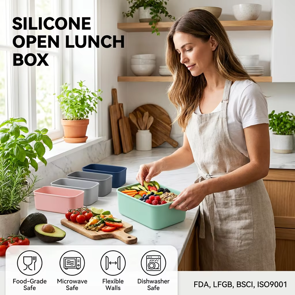 3 Cavity Silicone Bento case Leakproof Silicone Soft Snacks Food Grade Silicone Storage Box Bento Box