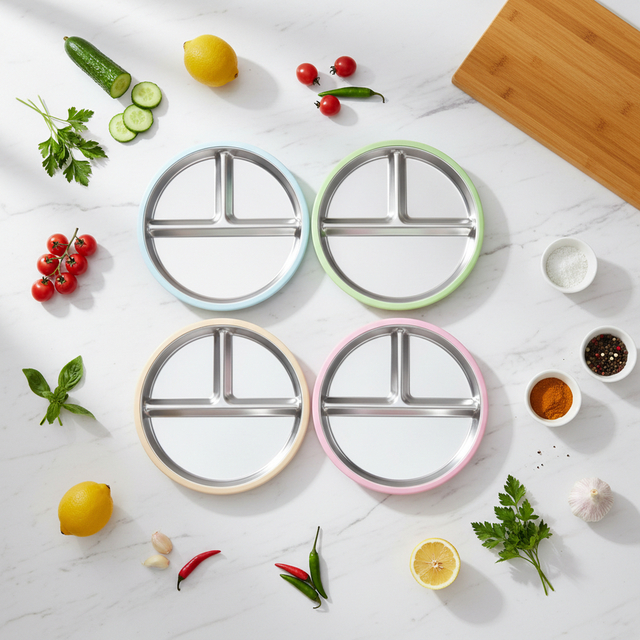 Modern Stainless Steel Waterproof Baby Divided Toddler Plates 9inch with Removable Silicone Sleeves