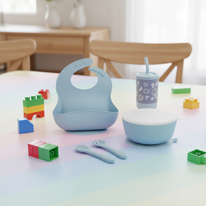 BPA Free Toddler Silicone Baby Feeding Supplies Snack Food Dinnerware Silicone Cup Bib Suction Plate Bowl Spoon and Fork Set