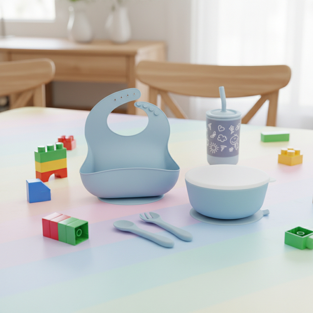 BPA Free Toddler Silicone Baby Feeding Supplies Snack Food Dinnerware Silicone Cup Bib Suction Plate Bowl Spoon and Fork Set
