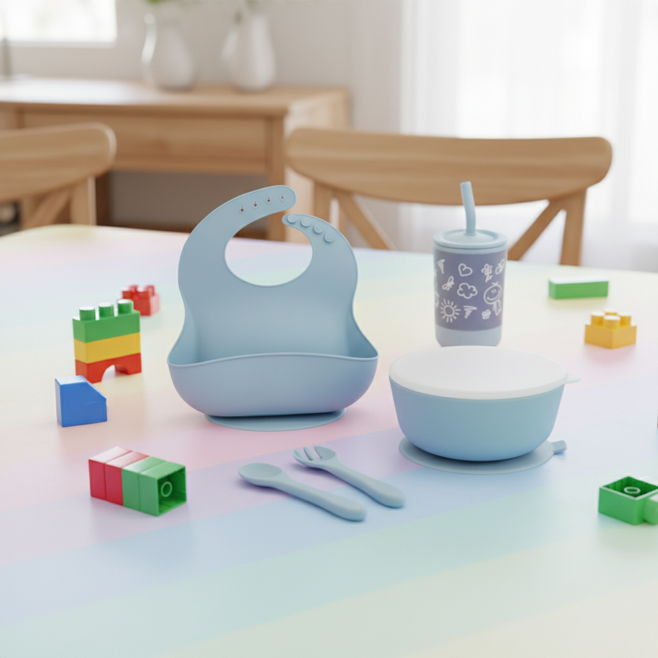 BPA Free Toddler Silicone Baby Feeding Supplies Snack Food Dinnerware Silicone Cup Bib Suction Plate Bowl Spoon and Fork Set