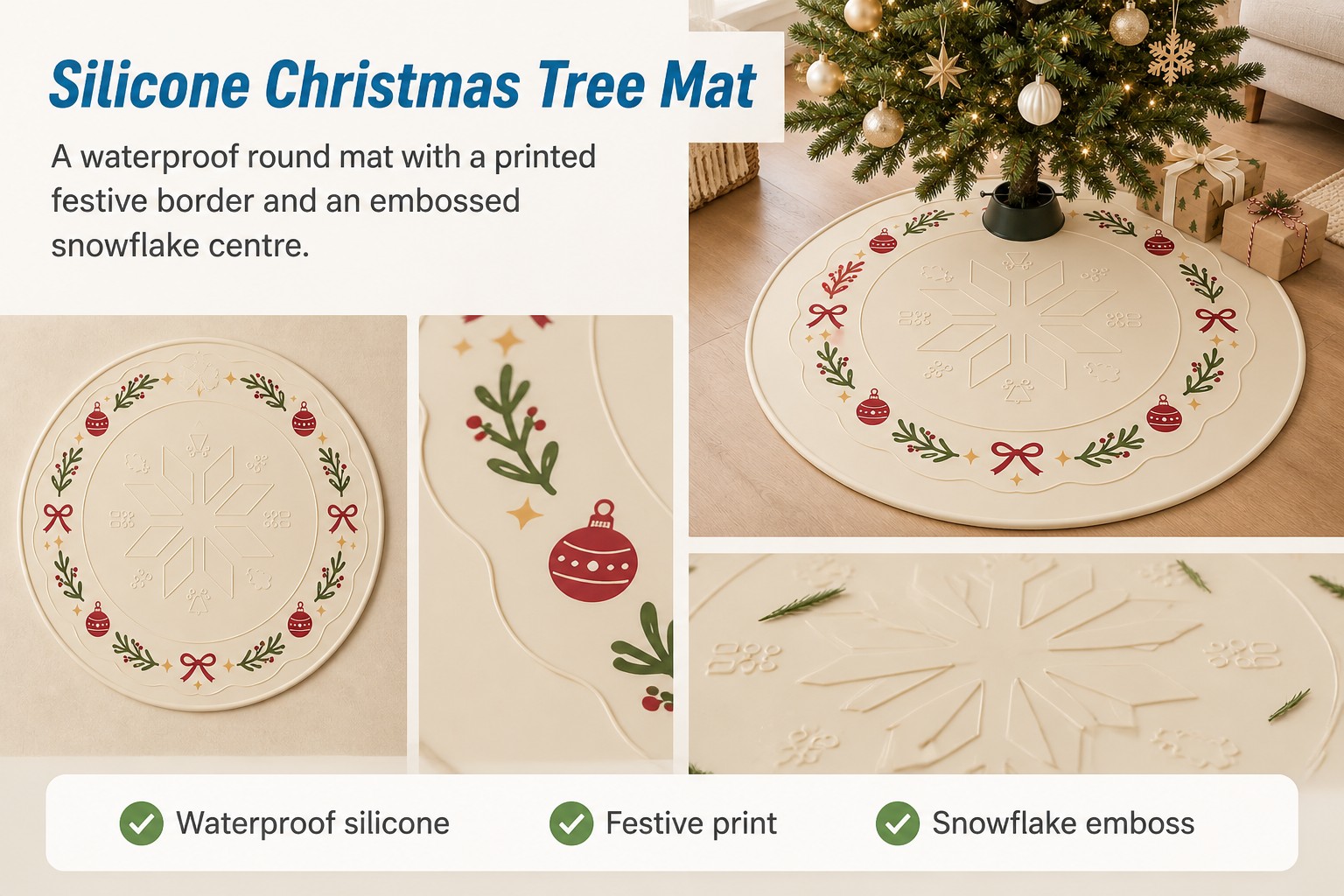 <p><b>Tree Mat for Cleaner, Safer Holiday Decorating</b></p> <link href="https://fonts.googleapis.com/css?family=Inter" rel="stylesheet" type="text/css" />
