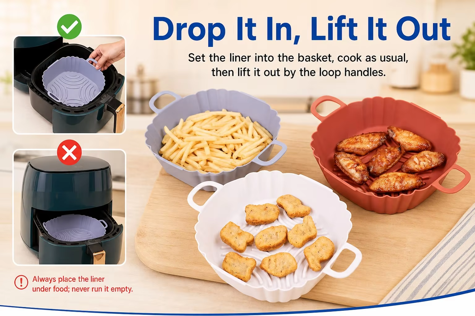 <p><b>Universal Fit for Most Air Fryer Baskets</b></p> <link href="https://fonts.googleapis.com/css?family=Inter" rel="stylesheet" type="text/css" />
