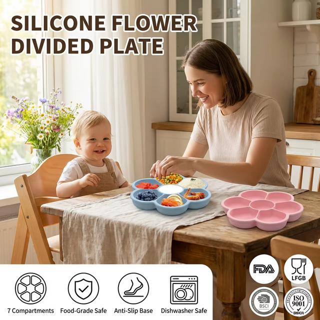 Wellfine BPA Free Kids Feeding Set Flower Plate Wholesale Dishes Baby Silicon Suction Plate Tableware Baby Plate With Lid
