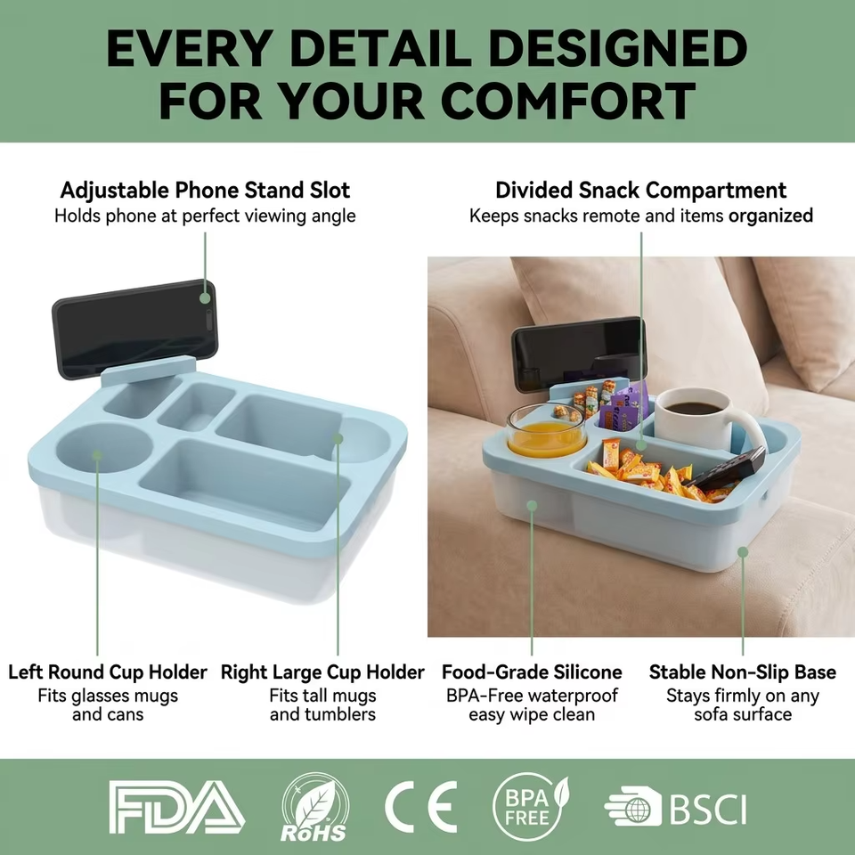 New Arrivals Silicone Couch Caddy Snack Box Waterproof Organizer Tray with Cup and Phone Holder for Bed Car Seat Beach Use
