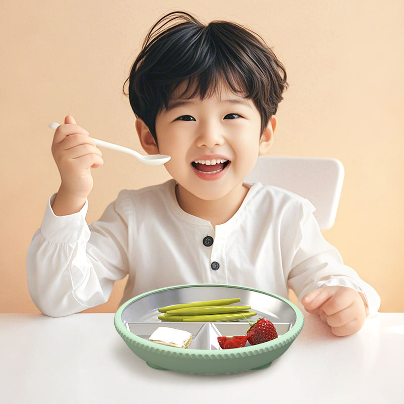 Wellfine Children Food Container Kids Dining Silicone Stainless Steel Insulated Double Wall Baby Feeding Bowl Set