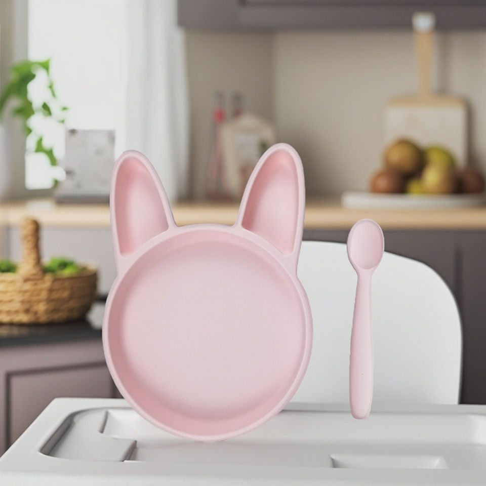 Custom Logo Bunny Rabbit Silicone Baby Feeding Set Manual Driven Plate for 0-12 Months Baby