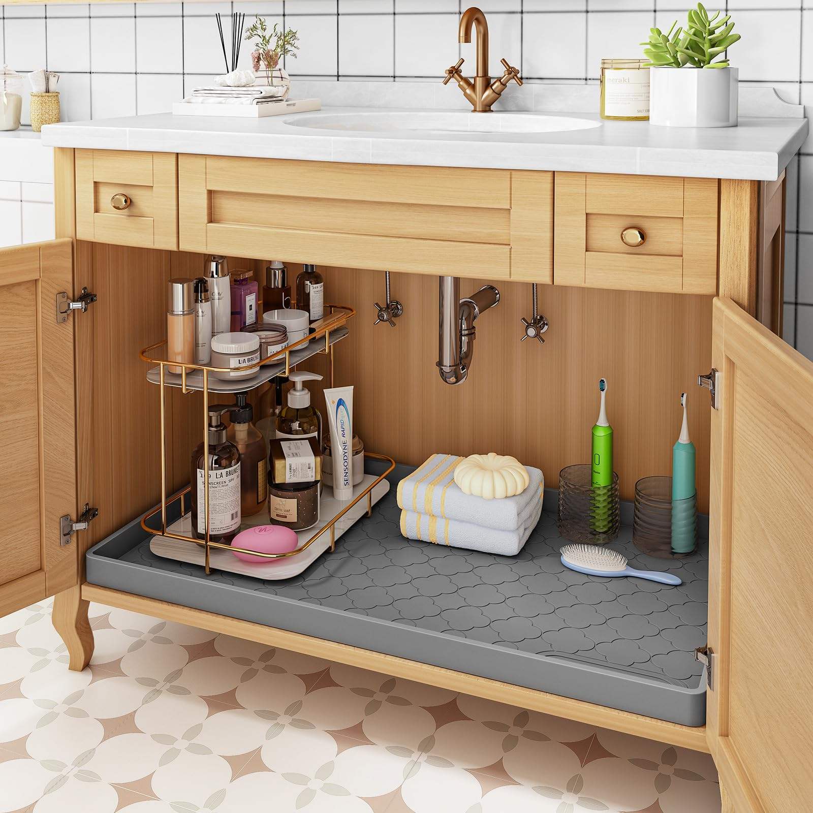 Silicone Under-Sink Mat with Water Drainage Cabinet Shelf Liner Non-Slip Mats Dishwasher-Safe Drawer Liner