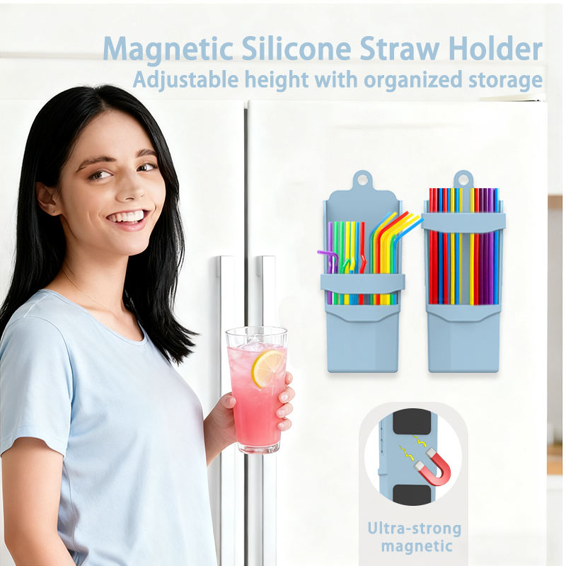 Kitchen Storage Box with Drainage Holes Multiple Fixing Methods Silicone Straw Storage Case