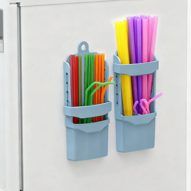 Kitchen Storage Box with Drainage Holes Multiple Fixing Methods Silicone Straw Storage Case