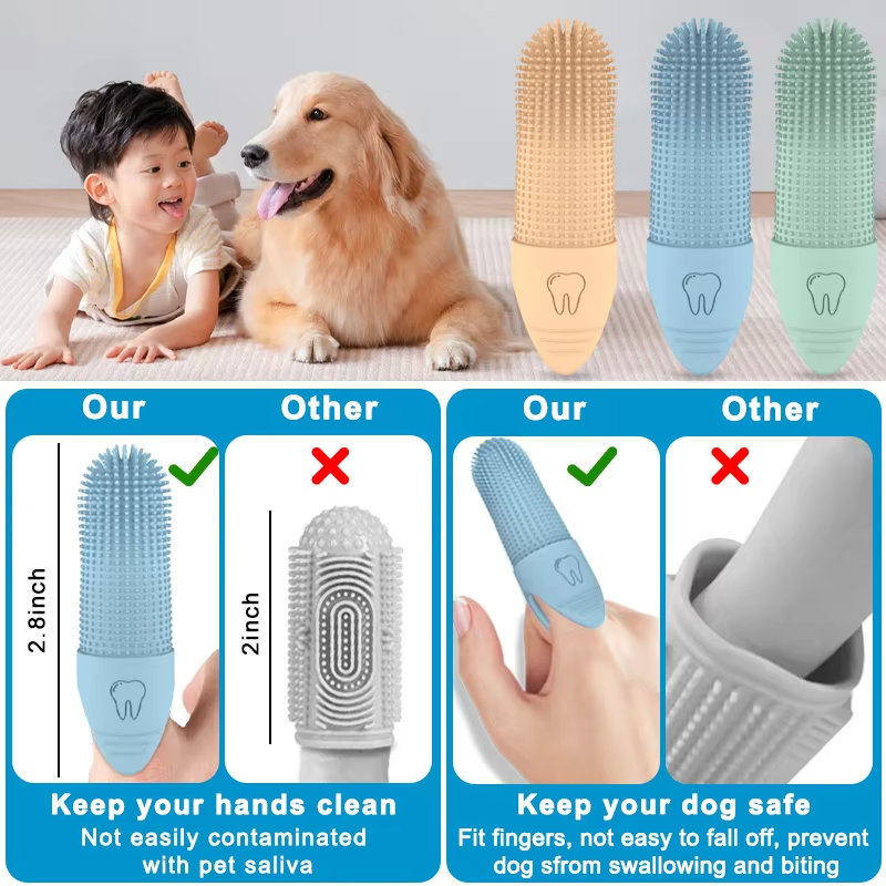Wellfine ペットフィンガーブラシ 犬と猫の歯のクリーニング 食品グレードのシリコーン犬指歯ブラシはほとんどの指にフィットします