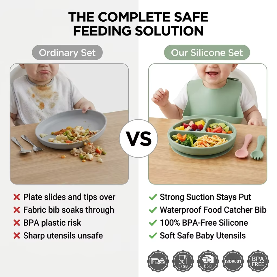 BPA Free Silicone Baby Bowl Kids Plate Bib Weaning Set Children Tableware for Safe Baby Feeding