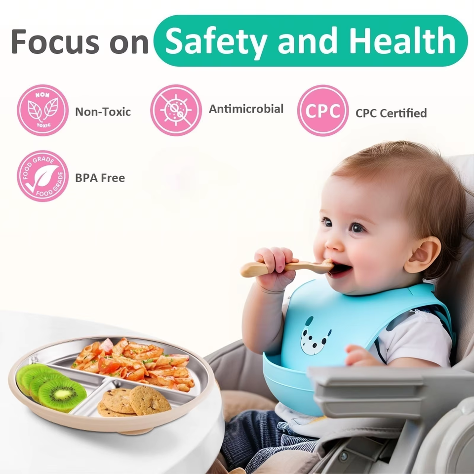 Modern Stainless Steel Waterproof Baby Divided Toddler Plates 9inch with Removable Silicone Sleeves