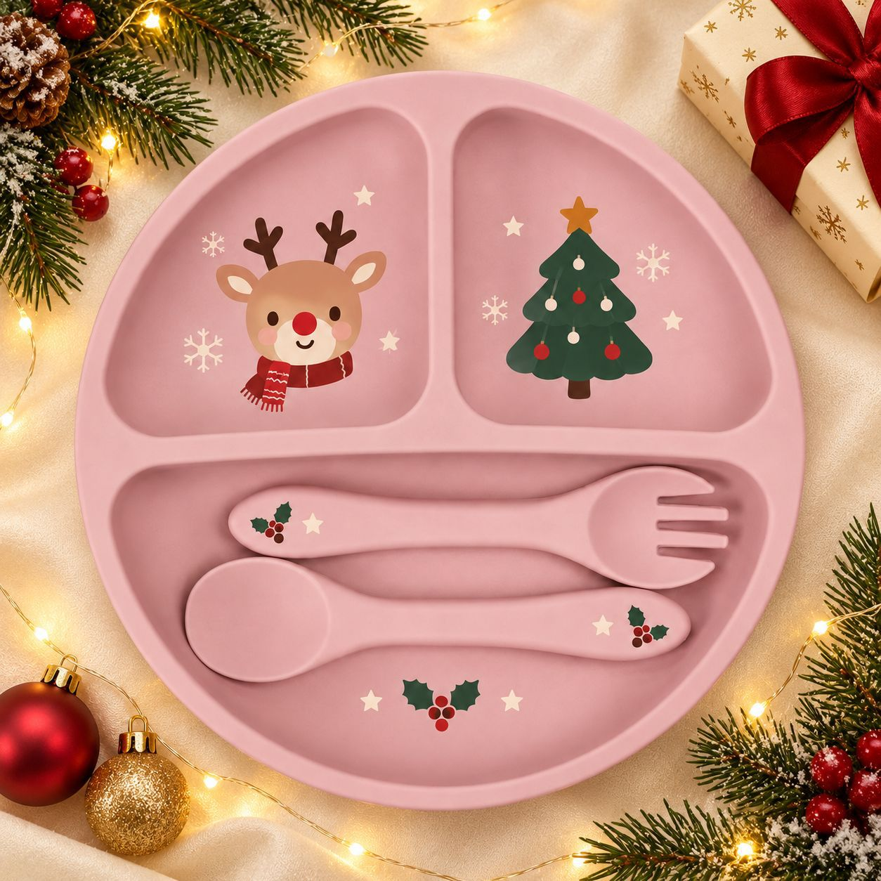 Christmas Silicone Baby Plate - Divided Suction Feeding Set
