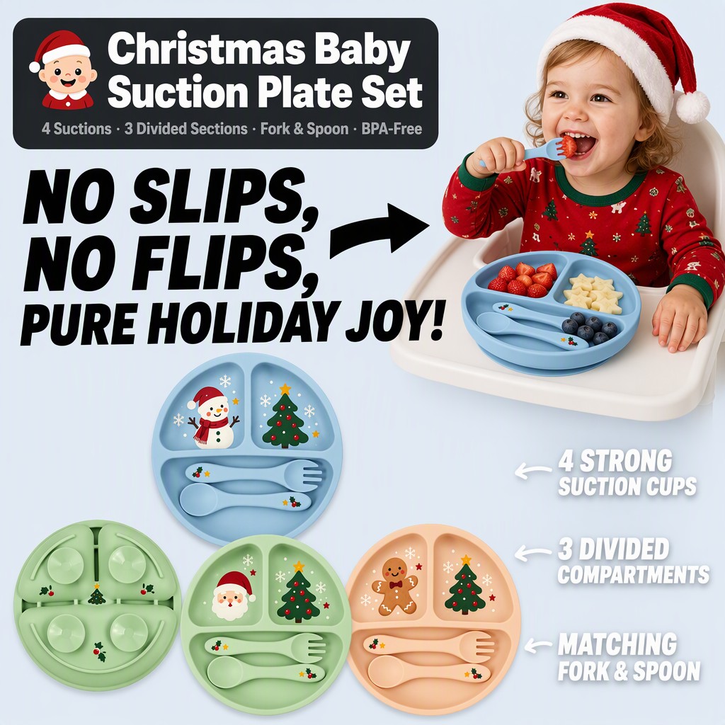 Christmas Silicone Baby Plate - Divided Suction Feeding Set