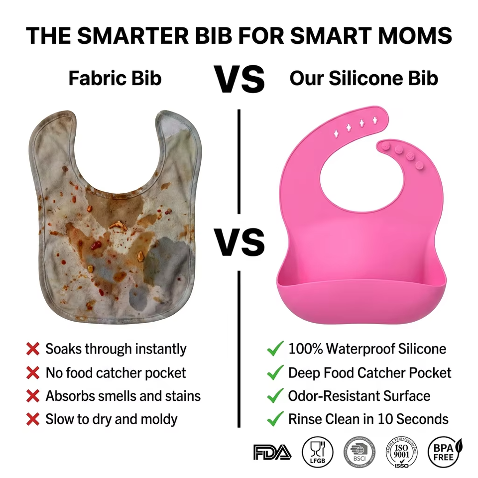 BPA-Free Soft Silicone Baby Bibs for Kids Waterproof Custom Printed with Button Closure OEM Service Available