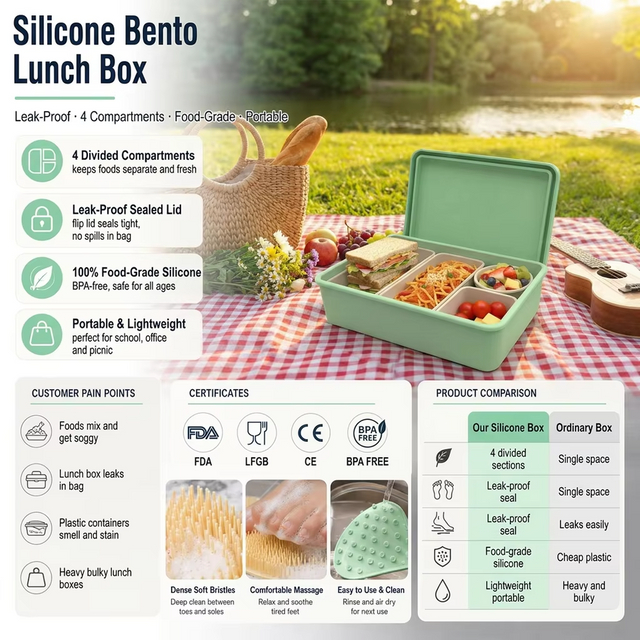 Factory BPA-Free Silicone Bento Lunch Box Set 100% Food Grade Storage Container for Food Packaging