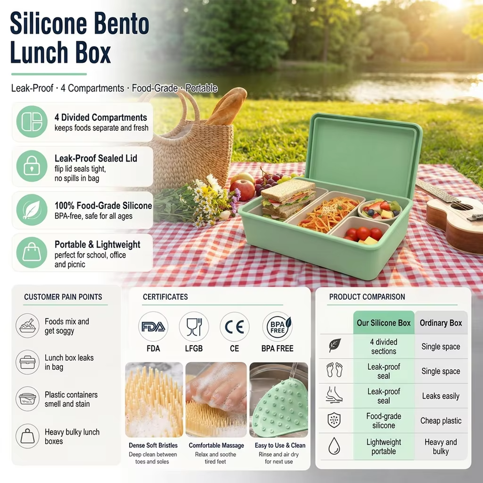 Factory BPA-Free Silicone Bento Lunch Box Set 100% Food Grade Storage Container for Food Packaging