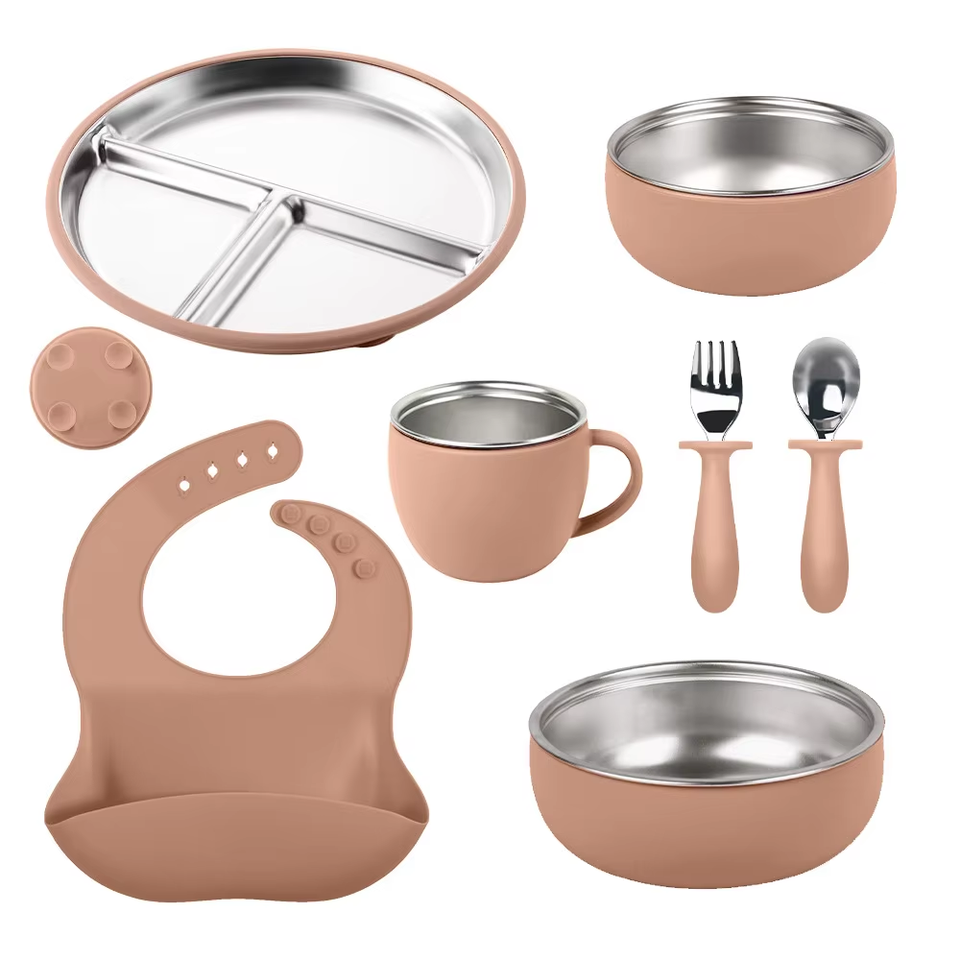 Wellfine Baby Tableware Set Food Grade Silicone Easy to Clean Stainless Steel Plate with Suction Set