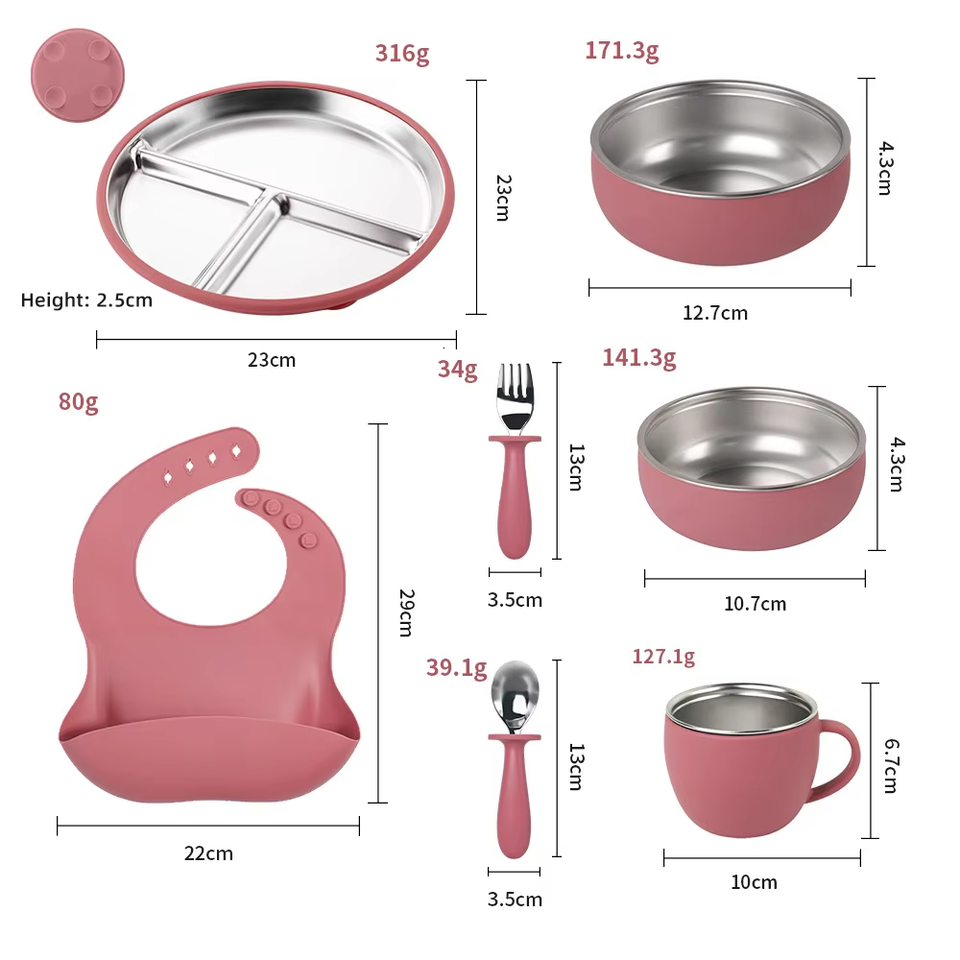 Wellfine Baby Tableware Set Food Grade Silicone Easy to Clean Stainless Steel Plate with Suction Set