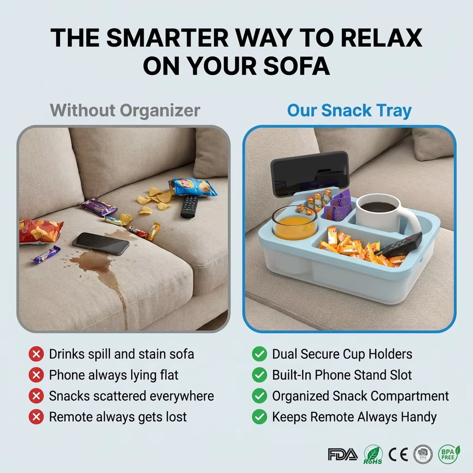 New Arrivals Silicone Couch Caddy Snack Box Waterproof Organizer Tray with Cup and Phone Holder for Bed Car Seat Beach Use