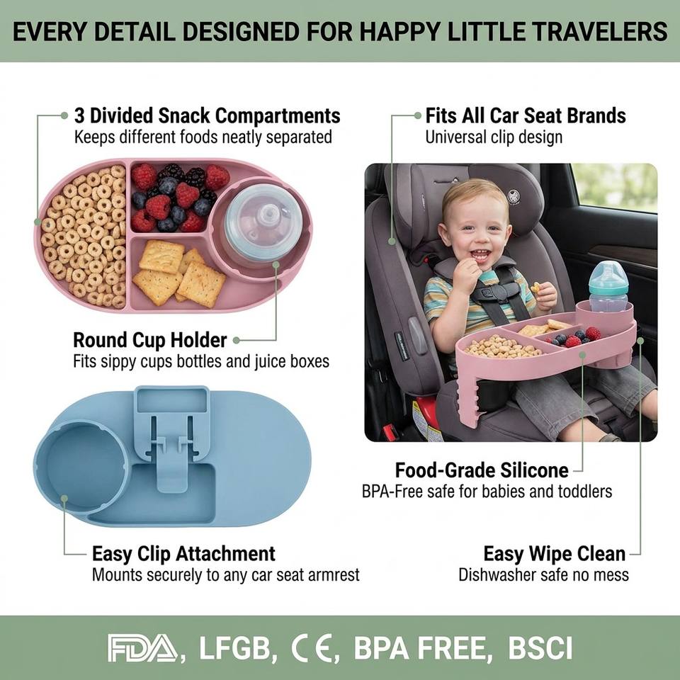 Modern Kids Car Seat Travel Tray with Cup Holder and Snack Convertible Design Solid Style Convertible Snack Tray