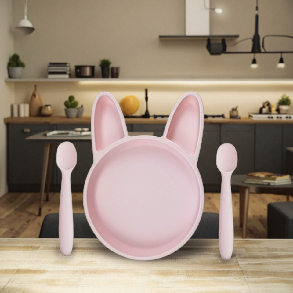 Custom Logo Bunny Rabbit Silicone Baby Feeding Set Manual Driven Plate for 0-12 Months Baby