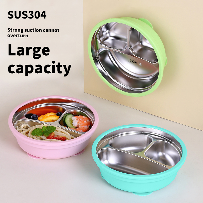 New Arrivals 2-in-1 Stainless Steel Silicone Shell Baby Toddler Bowl Divided Dishwasher Safe Weaning Dish Removable Suction