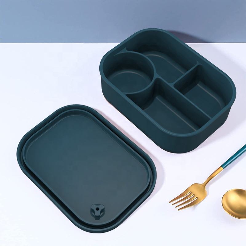 Wellfine Bpa Free Custom Silicone Snack Box Kids Food Snack Storage Box for School Non Spill 4 Compartments Bento Lunch Box