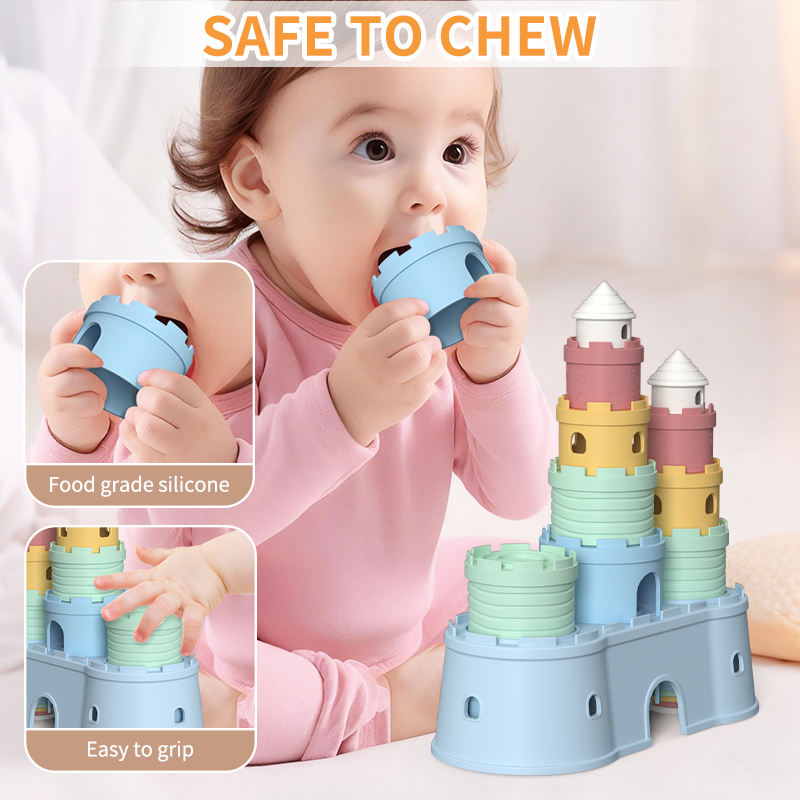 BPA Free Silicone Soft Castles Building Blocks Teething Stacking Teether Children'S Educational Baby Stacker Stacking Toy