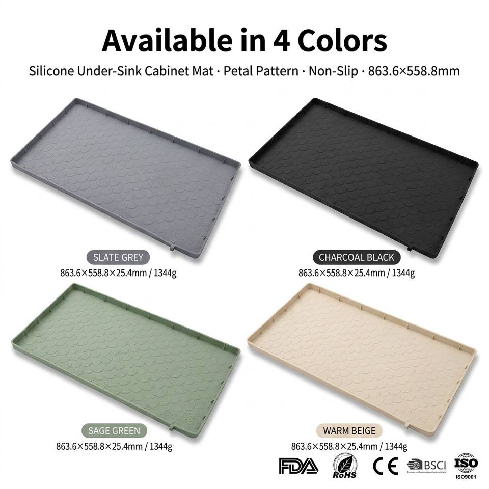 Kitchen Cabinet Liner Multi-Purpose Under Sink Mat Extra Thick Silicone Mat Waterproof with Raised Edge for Kitchen