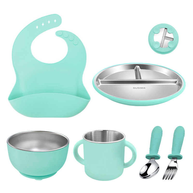 Wellfine Silicone Plate Baby Bpa Free Food Grade Divided Suction Dinner Kids Bowl 5pcs Feeding Stainless Steel Set