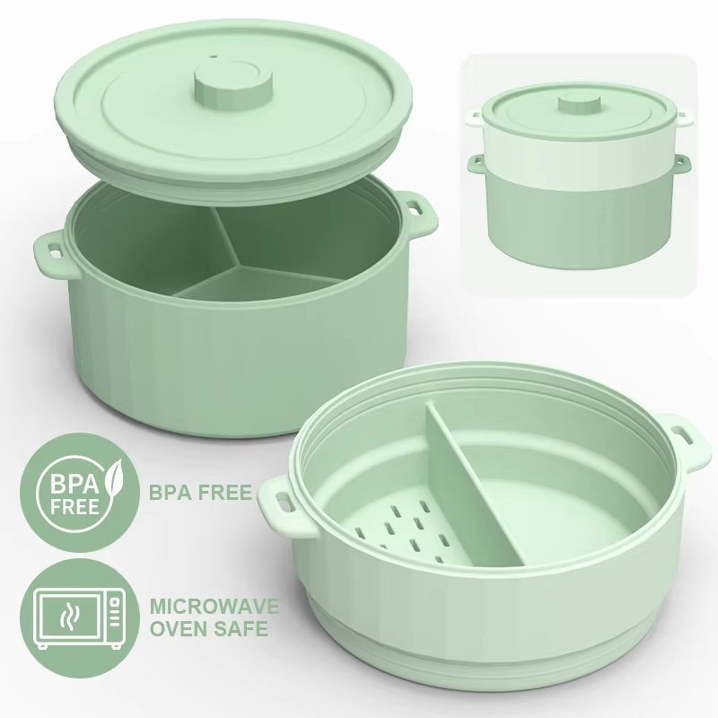 BPAフリー二層電子レンジ野菜スチーマー環境に優しい食品グレードのシリコンカバー多機能スチーマーボウルクッカー