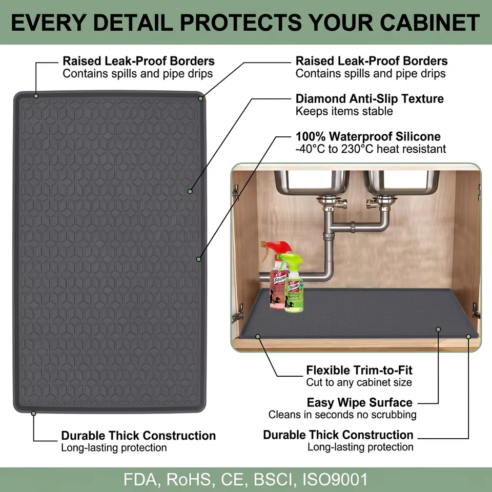 Custom Waterproof Kitchen Sink Mat with Drain Hole Anti-slip Kitchen Cabinet Protector Under Mat Sink Silicone Mat