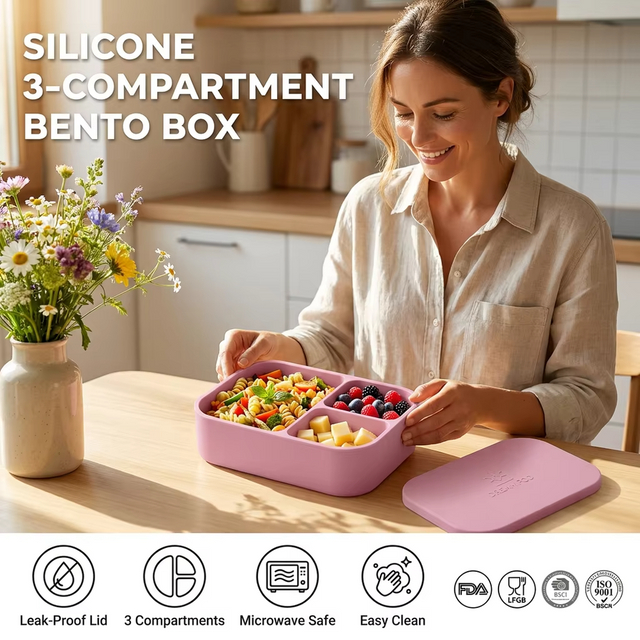 3 Cavity Silicone Bento case Leakproof Silicone Soft Snacks Food Grade Silicone Storage Box Bento Box
