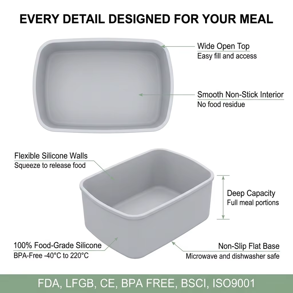 3 Cavity Silicone Bento case Leakproof Silicone Soft Snacks Food Grade Silicone Storage Box Bento Box