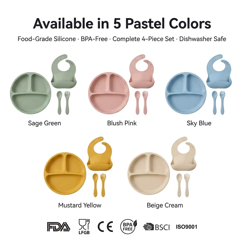 BPA Free Silicone Baby Bowl Kids Plate Bib Weaning Set Children Tableware for Safe Baby Feeding