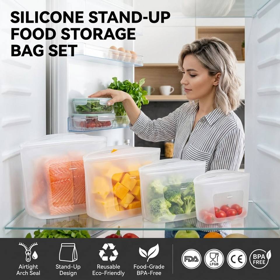 Bolsa de almacenamiento de alimentos de silicona 100%, contenedor de alimentos reutilizable para tienda de cocina, apto para lavavajillas, a prueba de fugas