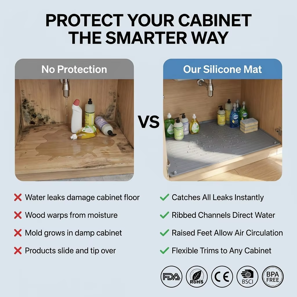 Hot Selling Waterproof Under Sink Mat Cabinet Liner Protector Silicone Drain Mat Kitchen Dish Tray Cutting Service