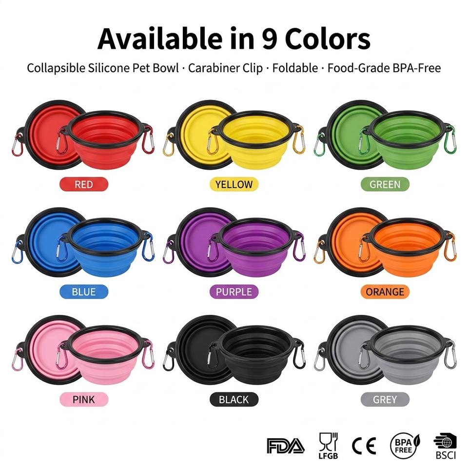 Custom logo Pet Folding Silicone Bowl Outdoor Easy Washable Foldable Dog Bowl Collapsible Puppy Bowl With Carabiners