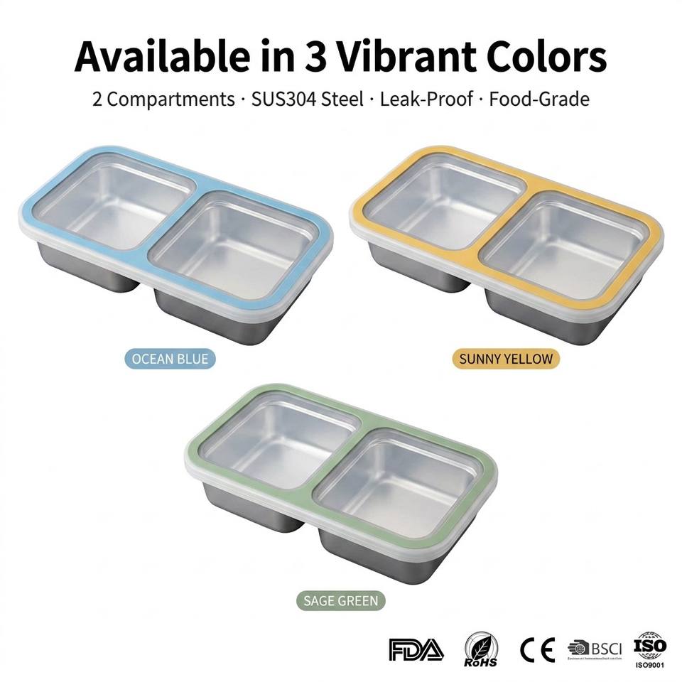 304 Stainless Steel 2 Compartments Leak Proof Bento Box Kids Metal Bento Lunch Box Containers Portable Lunch Box
