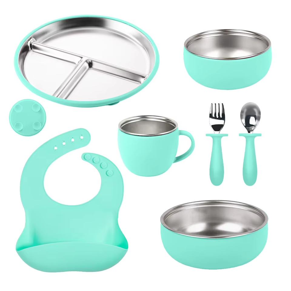 Wellfine Classic Design Children's Tableware 304 Stainless Steel Silicone Dinner Plate with Suction Cup Boxed