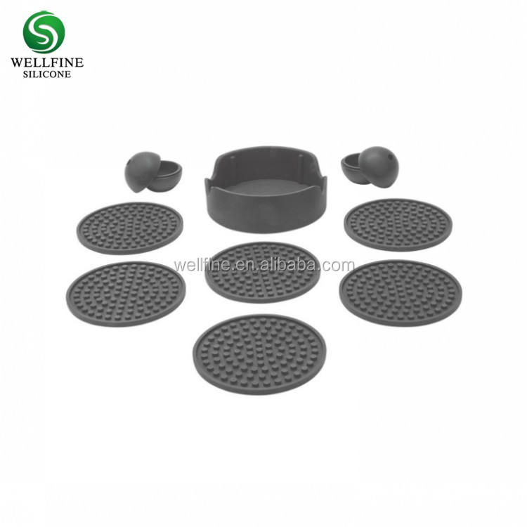 Silicone Coasters Set of 6 in Holder - Protect Furniture From Water Marks & Damage - Good Grip Deep Tray Large 4.3 Inch Size