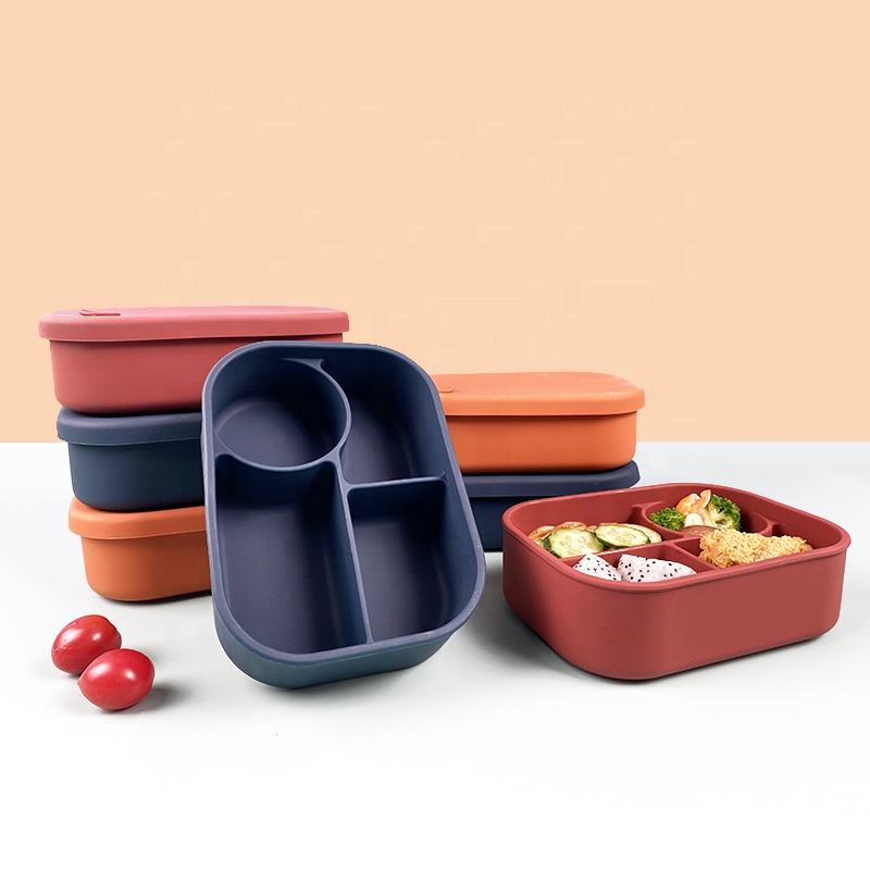 Caja de refrigerios de silicona personalizada sin Bpa Wellfine, caja de almacenamiento de refrigerios de comida para ni&ntilde;os para la escuela, fiambrera Bento sin derrames de 4 compartimentos