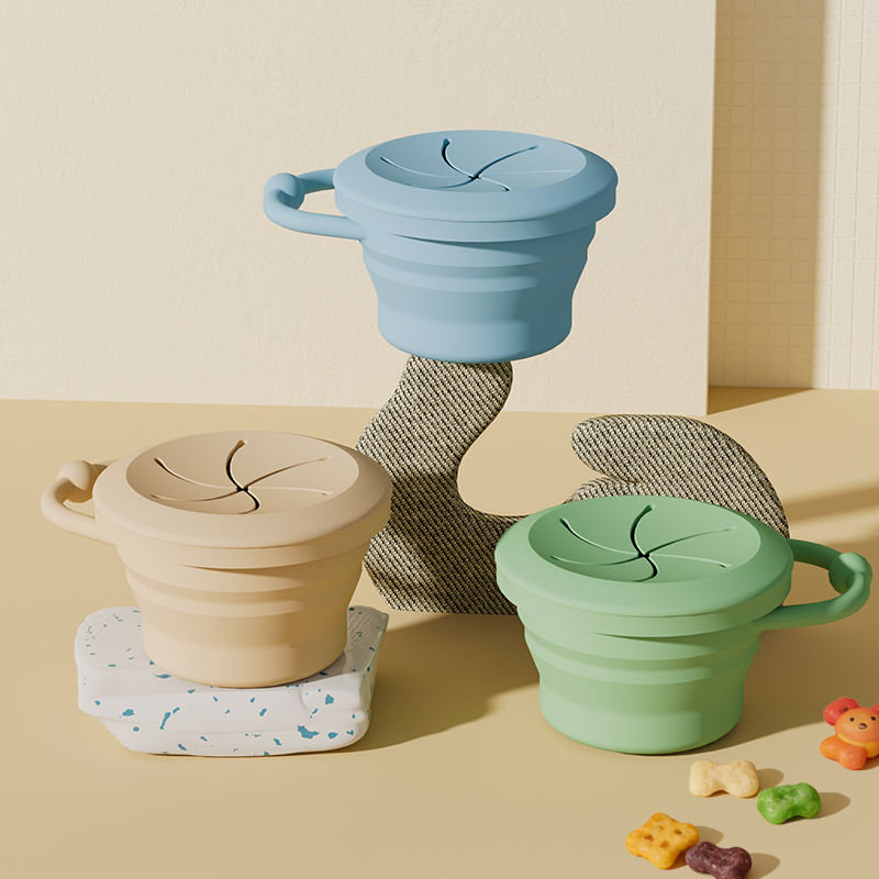 Tazas plegables de silicona con tapa, vajilla para ni&ntilde;os, contenedor de almacenamiento de aperitivos para ni&ntilde;os, taza plegable de regalo